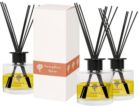 Nicola Spring Glass Reed Diffusers - 200ml - Pumpkin Spice - 3x Home Décor Bathroom Bedroom Room Essential Oil Air Freshener with Scented Sticks 60 Day Fragrance