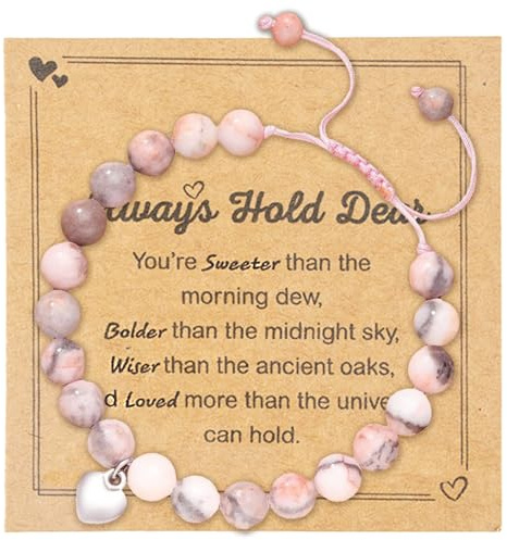 AYNKH Bracelet d'Amitié en Pierre Naturelle Rose, Cordon Réglable avec Pendentif en Forme de Cœur, Carte de Vœux Inspirante Offerte, Pour Filles, Anniversaires, Méditation et Relaxation