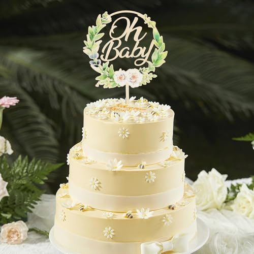Oh Baby Cake Topper,Holz Kuchenstäbchen mit Grünen Blättern und Kranzgestaltung,Boho Cupcake Topper,für Baby Taufpartys Babyparty,Geburtstag Zubehör,Mädchen Jungen Geschlecht Verkünden Party