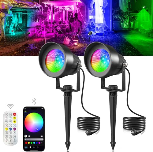 T-SUN RGB Gartenbeleuchtung LED mit Fernbedienung und App Steuerung, IP65 Wasserdicht Gartenleuchten mit Strom, 16 Farben 44 Dynamische Modi RGB gartenstrahler für Außen, Rasen, Baum, Wegen(2 Stück)