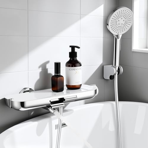 HOMELODY Badewannenarmatur mit Handbrause, 360° drehbarer Auslauf, Badewannenarmaturen mit Duschbrause, Glasablage, 1,5 m PVC Schlauch, Mischbatterie zur Wandmontage