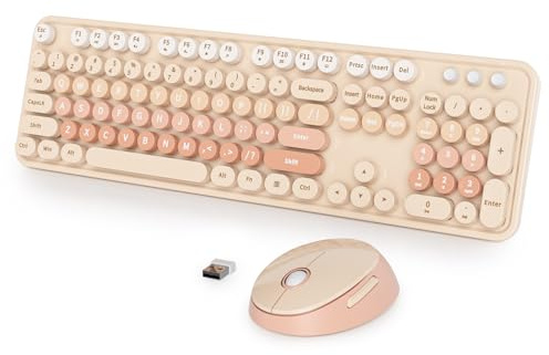 Vumilstek Simpatica tastiera e mouse combo wireless, 2,4 G, 104 tasti, stile retrò, con macchina da scrivere, tasti rotondi, per studenti, adolescenti, casa, ufficio, PC, laptop (diario tè al latte)