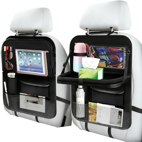 Pmueuff 2 Piezas Organizador Coche Niños, Organizador Asiento Coche con Mesa Plegable y Funda para Tablet Oxford Protector Asiento Coche Impermeable para Viajes Familiares y Almacenamiento Juguetes
