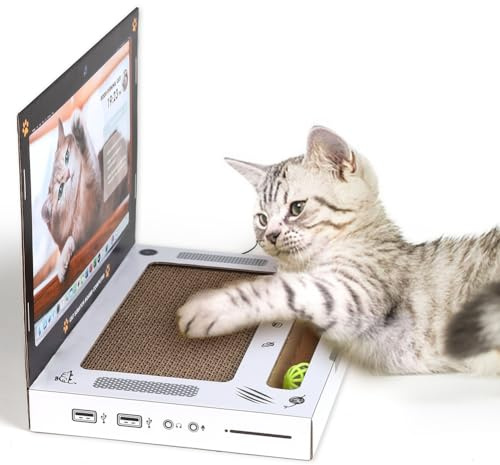 Cvoepobey Kratzlaptop Aus Pappe für Katzen, Katzen-Laptop-Spielzeug mit Maus, Interaktives Katzenspielzeug Aus Pappe