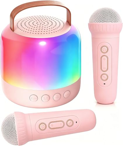 AIUNAOM Macchina per Karaoke con 2 Microfoni Senza Fili per Bambini, Cassa Bluetooth Portatile con LED ed Effetti Sonori - Regalo di Natale Ideale per Ragazze 3-12 Anni