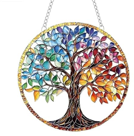 SiumPklay Lebensbaum Sonnenfänger, Acryl Fensterdeko Hängend Wohnzimmer 7.8 Zoll Suncatcher für Fenster, Balkon, Wohnzimmer als Boho Deko und Geschenkidee für Einzug