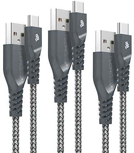 TECHGEAR 3 Pack STRONG High Durability Braided USB C Charging & Sync Cables Type C Compatible with Samsung S24 S23 S22 S21 S20 FE A16 A15 A25 A26 A36 A35 A56 A55 A04s A05s Moto, Honor, Oppo Switch etc