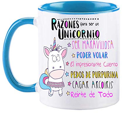 FUNNY CUP Taza Unicornio Color. Razones para ser un Unicornio. Divertidos Motivos para lucir Entre Amigas (Azul)