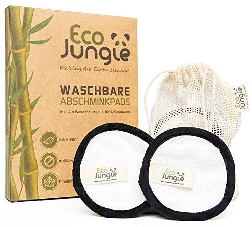 ECO JUNGLE Waschbare Abschminkpads - Abschminktücher (12 Stück) - 3-Layer Wattepads - Nachhaltig & Wiederverwendbar - TÜV Rheinland getestet - 2 Waschbeutel
