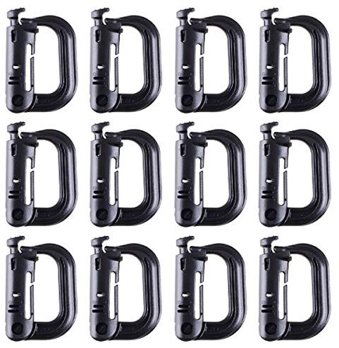 Azarxis Molle Clip Tactical Multipurpose D-Ring Grimloc Locking Gear Clip Hanging Hook Keychain Carabiner Attachments for Molle Bag Tactical Backpack Vest Belt (Black - 12 Pack)