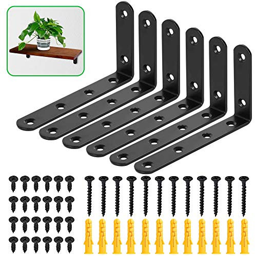 6 Pcs Wall Shelves Brackets Floating Shelf Brackets Heavy Duty Supports Screws and Wall Plugs Set 90 Degree Angle Metal Brackets Black L Shaped(75x125mm)