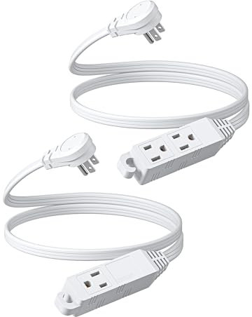 DEWENWILS 3 Outlet Extension Cord with Flat Plug, 3FT 16/3 Awg Grounded Power Cable for Indoor Use, SPT-3 Cord, White, ETL Listed, 2 Pack