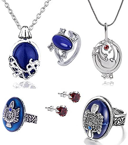 Zaky 6 Stück Vampire Halskette und Ringe Für Damen Ring Damen Der Herr Der Ringe Salvatore Damon Stefan Finger Familienwappen Ring Ohrringe-Set