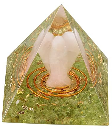 mookaitedecor Olivin Stein Pyramide mit Rosenquarz Schutzengel, Positive Energiepyramide für Büro Haus Dekoration/Meditation/Yoga/Heilchakra/Wohnkultur
