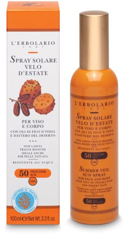 L'Erbolario Sonnenspray Velo d'Estate LSF 50 für Gesicht und Körper, hoher Schutz, gegen Rötungen, wasserfest, ideal auch für tätowierte Haut, hinterlässt keine weißen Spuren, Format 100 ml