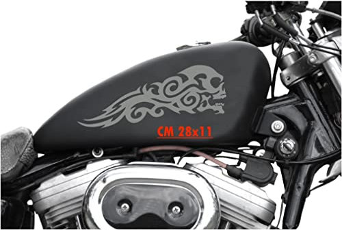 Kit 2 adesivi per moto serbatoio teschio tribale fiamma chopper harley vintage cod. 1663 (074 GRIGIO MEDIO, OPACO (matt_opaque_))