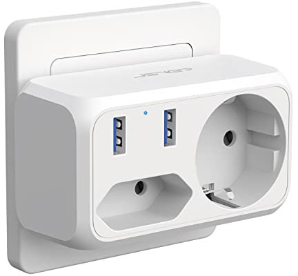JSVER USB Steckdose 2 Fach mit 2 USB Steckdosenadapter Tragbar Mehrfachsteckdose(1 Eurosteckdose +1 Schuko) 2 USB Ladegerät Schreibtisch für iPhone,iPad-Weiß