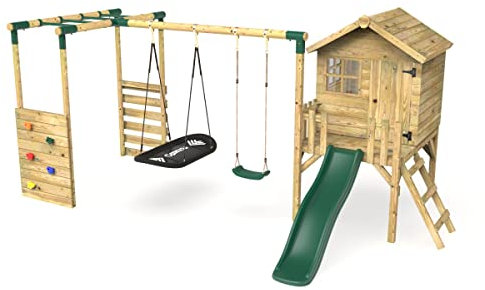 Rebo® Orchard 4FT Wooden Playhouse, Swings, Monkey Bars, Deck and 6FT Slide – Sage Green | OutdoorToys | Kids' Outdoor Wooden Garden Wendy House, Children's Play Shed, Weather Resistant