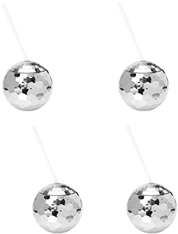 4 Stück Discokugel-Becher, Tumbler, Disco-Flash-Ball, Cocktail-Becher mit Deckel und Strohhalm, Discokugel-Becher für 80er-Jahre-Party, Hochzeit, Junggesellenabschied und Weihnachten (Silber)