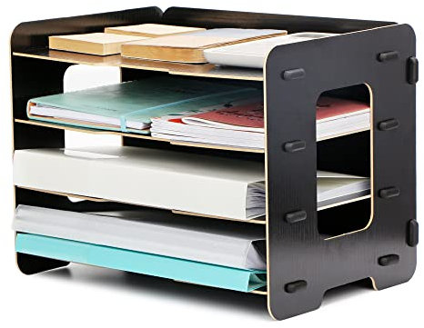 EXERZ Organiseur de fichiers en Bois à 4 Niveaux pour Bureau, Fournitures de Bureau, Porte-Documents, devoirs d'étudiant, Travail Scolaire, Bloc-Notes, Lettres et Magazines (Noir)