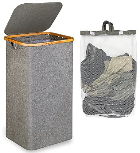 efluky Wäschekörbe mit Deckel, faltbare Wäschebehälter für Schmutzwäsche, aus Leinen mit Bambusgriffen & Innentasche für Schlafzimmer und Badezimmer, XL, 100 Liter, Grau (EF-100L-Grau)