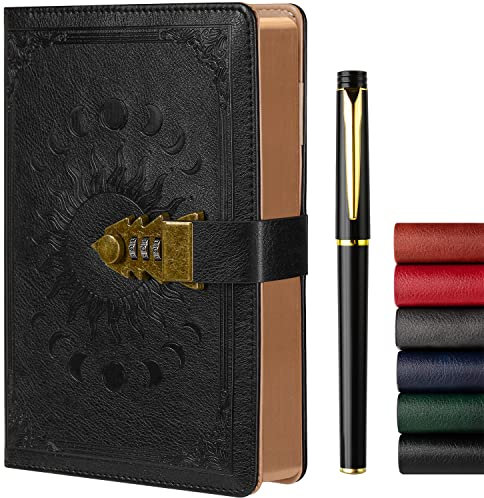 ZXHQ Lock Diary with Pen, A5 Ruled 240 Pages PU Leather Journal with Lock, Refillable Hardcover journals for Writing Personal Planner Organizer for Men and Women, Size A5(8.5 × 5.9 Inch) Black