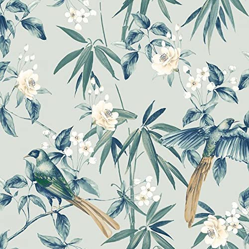 Oriental Floral Birds Blue Grey Wallpaper - Flower Blossom Nature Modern Contemporary Feature Wall Bedroom