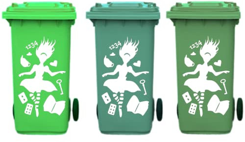BABC 3 x Customised Alice down the Rabbit Hole Wheelie Bin Decals/Stickers Wall Art Graffiti Vinyl Sticker Urban Art… (White)