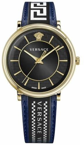 Versace Herren-Armbanduhr mit Quarzuhrwerk, Armband aus blauem Leder, Gehäuse aus Edelstahl, analoges Display, Schwarz - VE5A01521