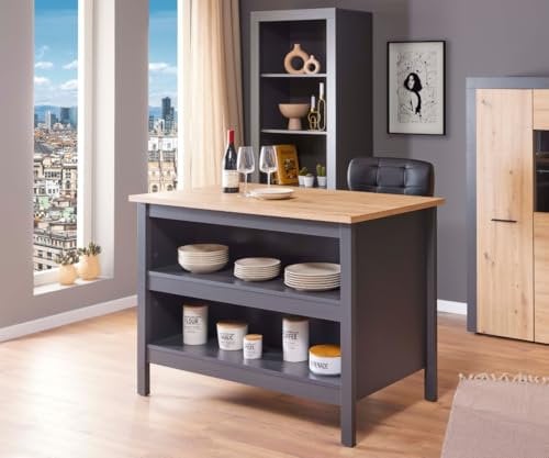 Inter Link - Isla de cocina - Isla central - Encimera - Mueble de cocina con estantes - Melamina - Longitud 124cm - Altura 82 cm - Profundidad 75 cm - Nellina - Anthracite/Chêne Artisan