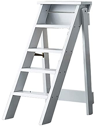 5 Stufen Leiter Hocker Holz Tragbare Tritthocker Stühle Klettern Klapptrittleiter für Zuhause und Büro/Weiß