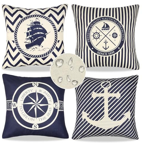 4er Set Kissenbezug 50x50 Blau Leinen Kissenbezüge Segeln Navigation Kompass Dekorative Kissenhülle Outdoor Wasserdichter Dekokissenbezug für Garten Sofa Wohnzimmer Bett (Blau Streifen)