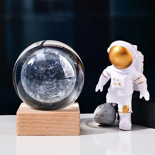 3D Kristallkugel Nachtlicht, USB 3D Sonnensystem Planeten Kristallkugel Nachtlicht Kreative Nachtszene Astronomie LED Ball Lampe,Mit Holzsockel, 3D Solar System Crystal Ball (Mond)
