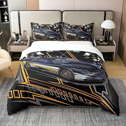 Moderne Rennwagen 100% Baumwolle Bettbezug 135x200 für Jungen,Mode Sport Auto Bettwäsche Set,Schwarz Gelb Grau Geometrische Linien Tröster Abdeckung Raum Dekor,3D Tech Auto Bett Set mit 1 Kissenbezug