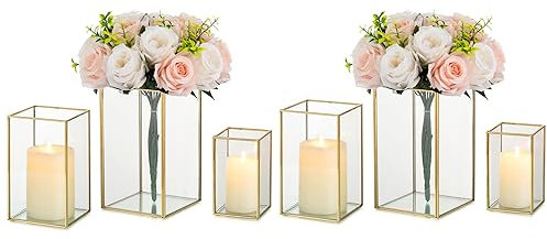Glasseam Windlicht Glas Gross, Kerzenständer Gold Set von 6, Klar Kerzengläser Groß, Modern Kerzenhalter Weihnachten für Outdoor Garten, Metall Kerzenständer Stumpenkerzen für Wohnzimmer Haus Deko