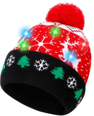 LED Weihnachtsmütze Erwachsene, Weihnachtsmützen mit LED Licht, Unisex Bommel Mütze mit Licht, Dehnbare Strickmütze, Rentier Schneefall Bedruckt, Leuchtende Weihnachtsmütze für Weihnachts Dekoration