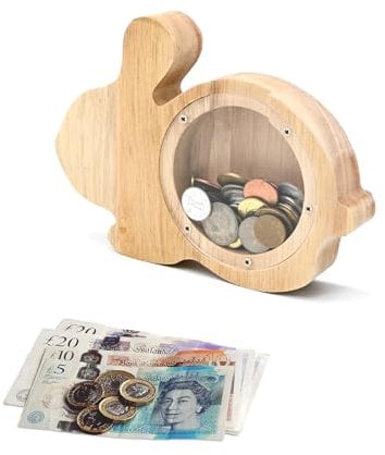 TOTHDATE Holz Spardose Kinder - Hase Spardose, Tiere Spardose mit Alphabet Aufkleber Hölzerne Münze Bank Kids Junge Home Decor