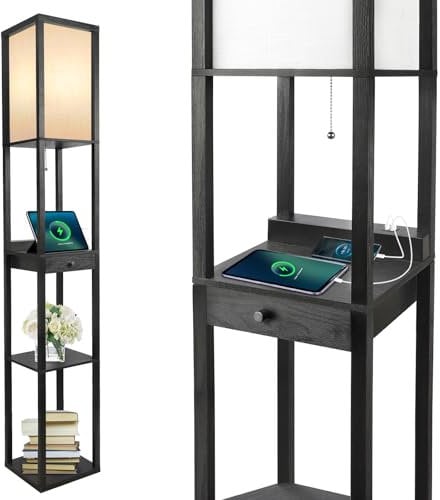 OUTON Shelf Floor Lamp with Drawer, 2 USB-C Ports, LED Column Modern Floor Lamp with USB & Type C Port, 3 Color Temperature, Storage Display Wood Standing Lamp for Living Room, Bedroom, Office(Black)