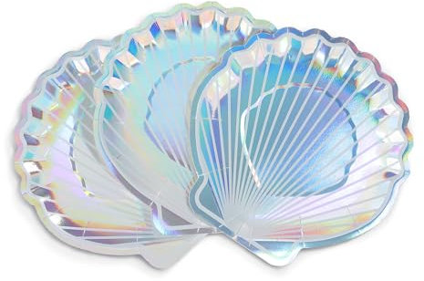 fanquare Seashell Paper Plates 50Pcs Mermaid Scallop Holographic Iridescent Dessert Cake Plates for Party Birthday Shower Wedding
