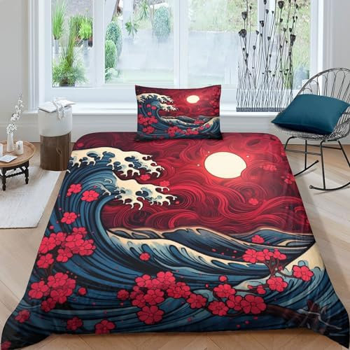 HOTGE Bettwäsche 3D Japanischer Stil Bettbezug Set Mit Reißverschluss Und Kissenbezug, Mikrofaser Bettwäsche Set Für Erwachsene Kinder Single(135x200cm)