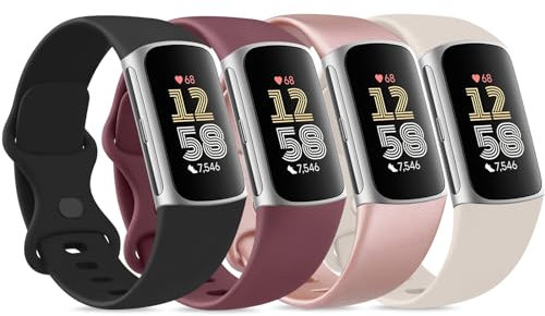 Vancle 4PACK Armbands für Fitbit Charge 6 Armband Fitbit Charge 5 Armband Damen Herren,Silikon Sport Weiches Ersatzarmband Uhrenarmband für Fitbit Charge 5/6(S,Rotwein/Roségold/Starlight/Schwarz)