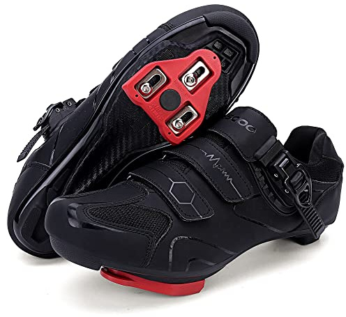 Mens Womens Cycling Shoes Compatible with Peloton Bike Indoor Outdoor Road Bike Riding Shoes with Look Delta Cleats Pre-Installed Clip in Pedal, (All Black, 3.5)