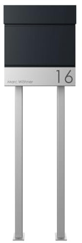 Briefkasten Manufaktur Design Standbriefkasten Kant Edition mit Zeitungsfach - Elegance 4 individuell mit Ihrem Namen & Hausnummer - 120cm Edelstahl-Ständer (RAL 9005 tiefschwarz)
