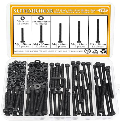 185 Pieces M4 x 30/35/40/45/50mm Hex Socket Head Cap Screws Nuts Washers Set Black, Sutemribor M4 Long Screws, M4 Black Screws Nuts Washers Assortment Kit, 12.9 Grade Alloy Steel, Fully Threaded