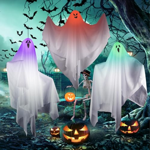 Halloween Deko Hängender Geist, 3 Stück 67CM LED Blinkender weißer Geist Hängedekoration, Gruseliger Fliegender Leuchtenden Geist, für Innen Außen Bäume Terrasse Garten Halloween Party Dekoration