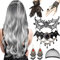 Perücke Damen, 70cm Halloween Perücke hexe Damen Grau, Perücke Halloween Damen Set, Lange Gewellt Silber Grau Perücke, Halskette Armband spitzenhandschuhe Ohrring Maske für Halloween Maskerade Cosplay