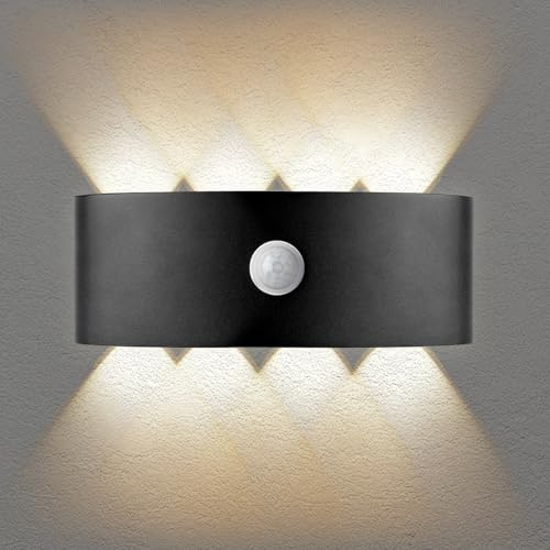 Gebiuhoo Applique Murale Intérieure avec détecteur de Mouvement 8W LED Étanchéité IP66 Lampe Murale Exterieur 2800-3200K Lumière de Haut en Bas Applique Murale Chambre Noire 1 Pièce