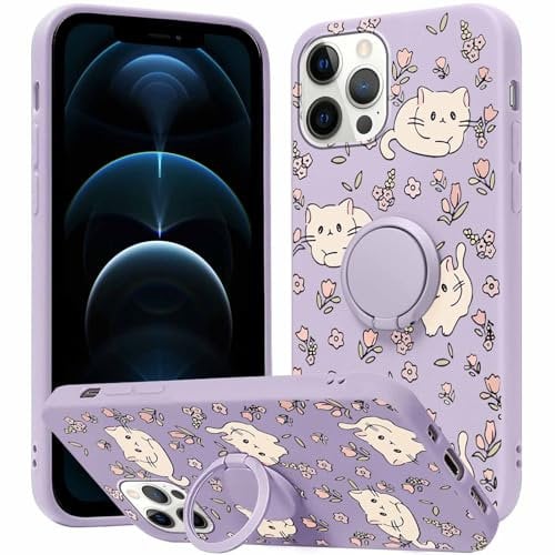 Yoedge Phone case for iPhone 12/iPhone 12 Pro 6.1 inch, 360°Magnetic Ring Holder Kickstand Soft Silicone TPU Shockproof Anti-Scratch Protective Resistant Fashion Cat Flower Pattern for iPhone 12