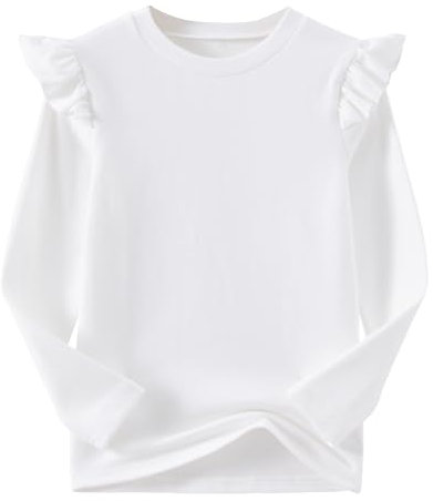 Ugitopi Girls Long-Sleeve Cotton T-Shirt with Ruffled Sleeves – Comfortable Crew-Neck Tee for Everyday Wear (White, 130)