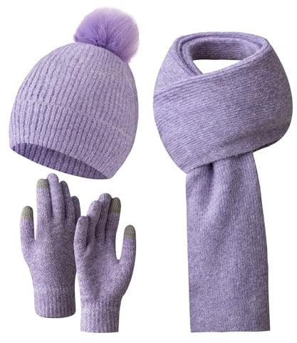 SERENYOU Wintermütze Schal Handschuhe Set Frauen gestrickte Mütze mit Pom Pom Touchscreen Handschuhe Schal 3 in 1 Warmes Set Violett